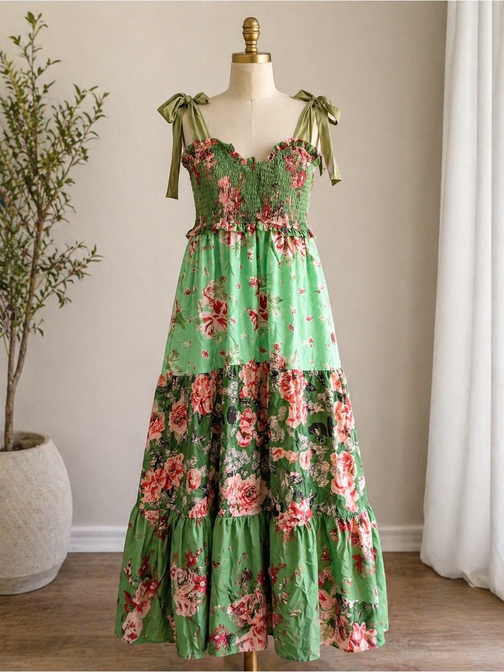 Green and pink Floral Tie-Shoulder Maxi Dress